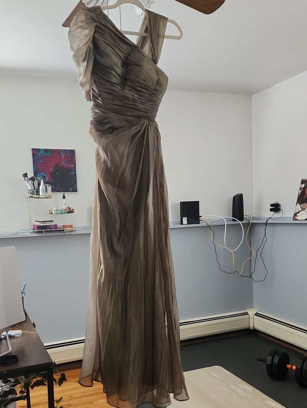 Dusty Sage Chiffon A Line Ruched Long Formal Dress With Side Cape
